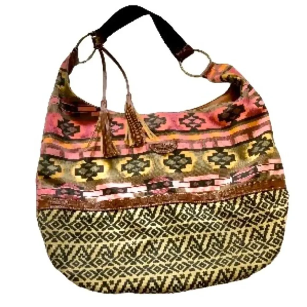 Aztec Hobo Boho Large Bag Purse Tassels Multi Colored VEGAN by Union Bay